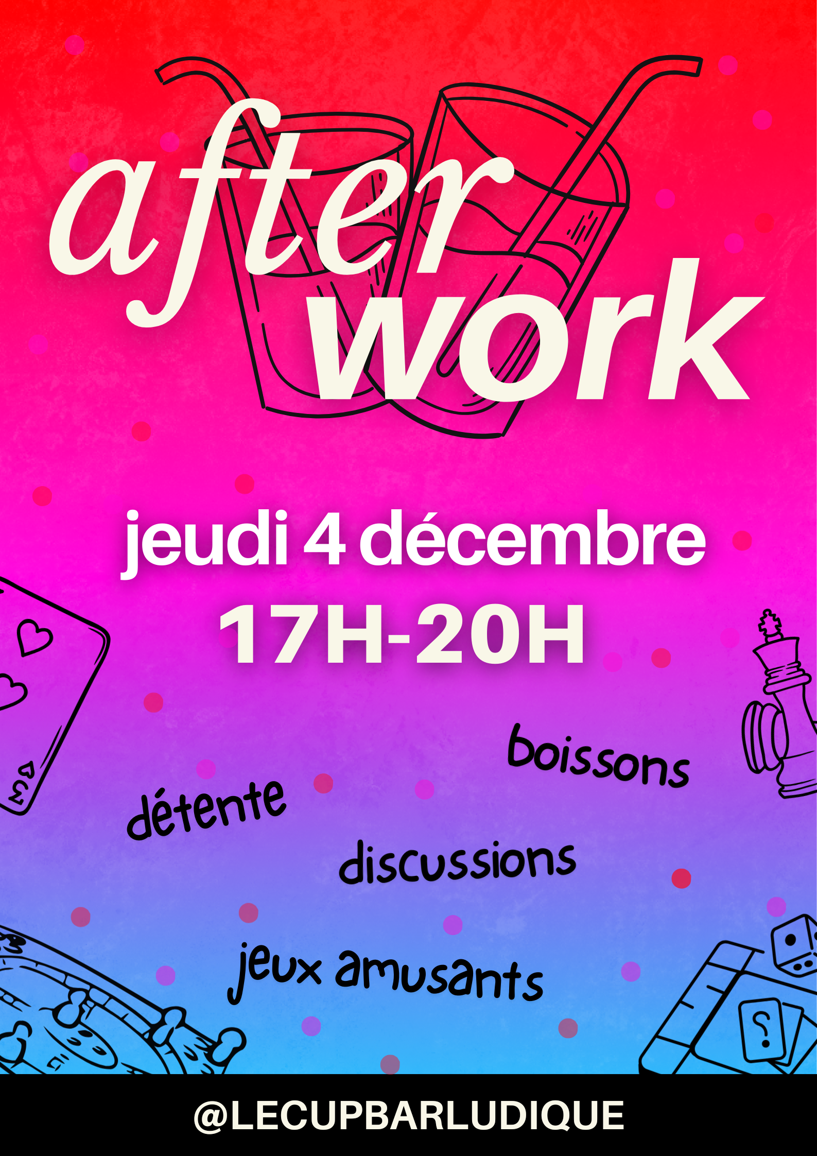 Envie de vous détendre après le travail tout en faisant des rencontres intéressantes ? Venez vous poser ce jeudi 4 décembre à notre after work dans une ambiance conviviale autour d’une boisson, d’une planche de tapas et de jeux pour faire connaissance ! N’hésitez pas !