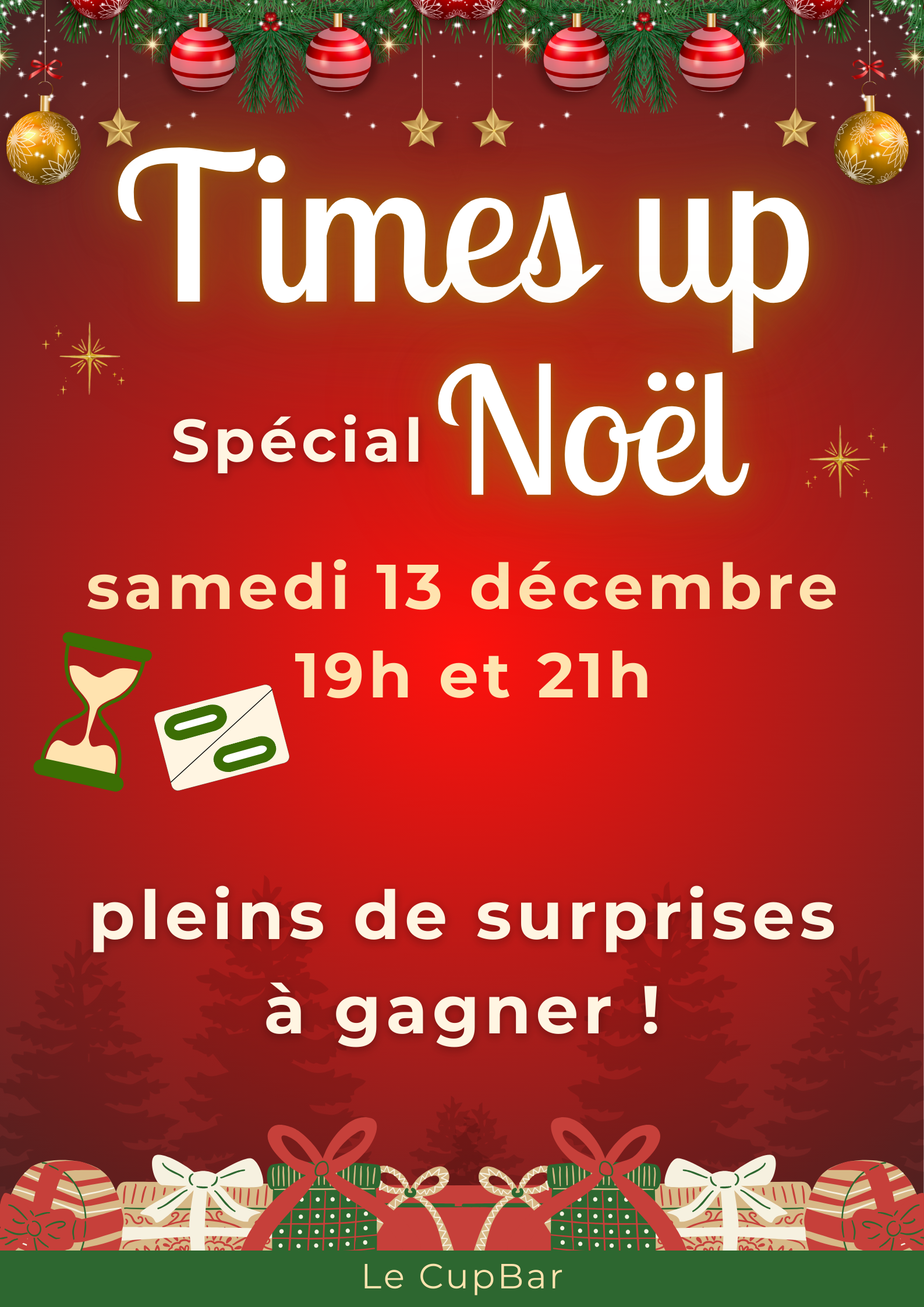 HO HO HO ! En attendant les fêtes, le cup bar vous propose un Times Up spécial Noël, ce samedi 13 décembre, avec des cadeaux à la clé ! Session 1-> 19h Session 2-> 21h. Venez vous défier dans une ambiance festive autour de jolis cocktails et de tapas… On vous espère nombreux !