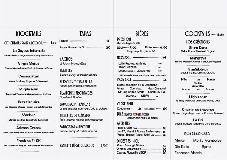 menu du CUP BAR décembre 2025, page 2 alcools tapas